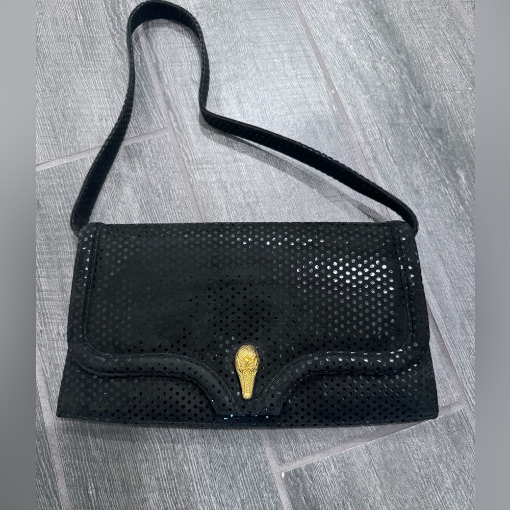 Ashneil Black‎ Suede Convertible Shoulder Bag/Clutch Gold Alligator Charm